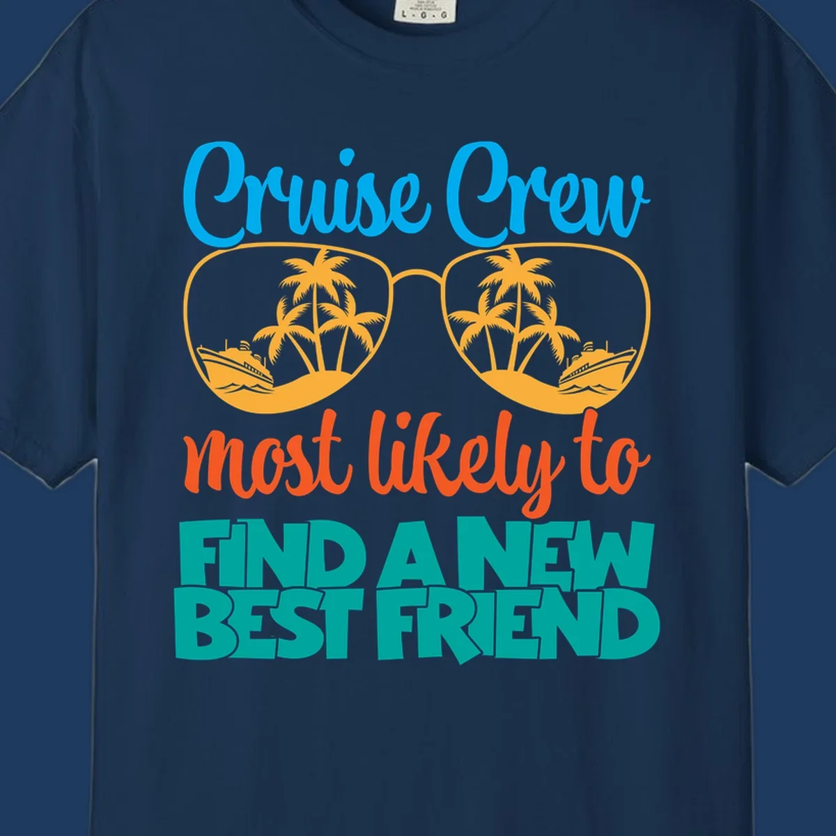 Cruise crew best friend design with sunglasses containing tropical palm trees and ships, colorful text on gray background