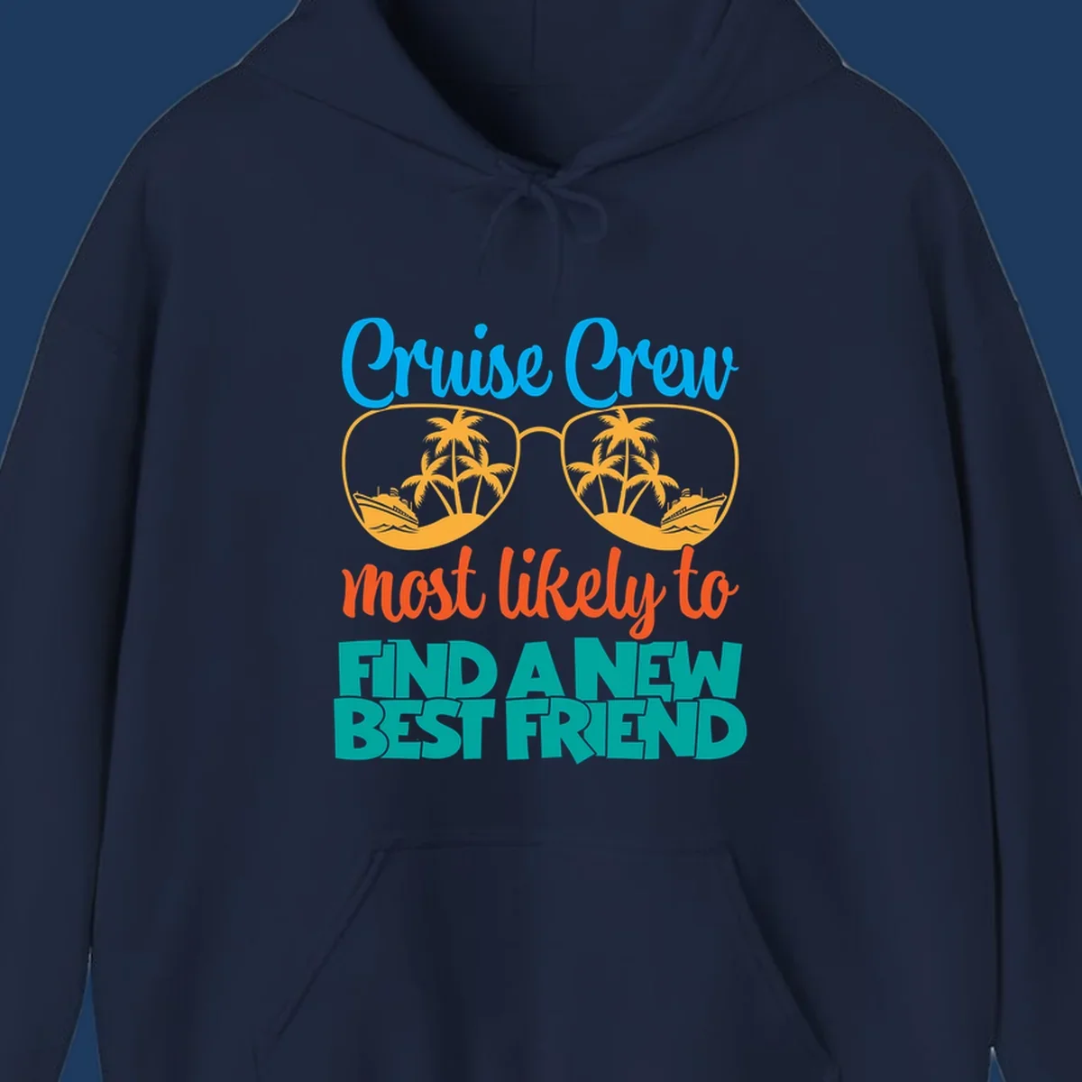 Cruise crew best friend design with sunglasses containing tropical palm trees and ships, colorful text on gray background