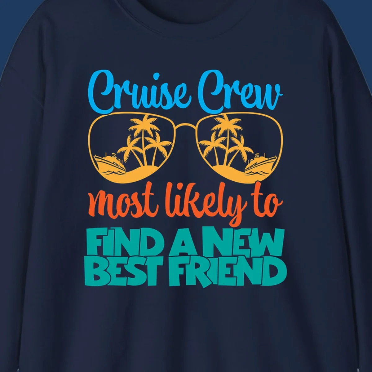 Cruise crew best friend design with sunglasses containing tropical palm trees and ships, colorful text on gray background