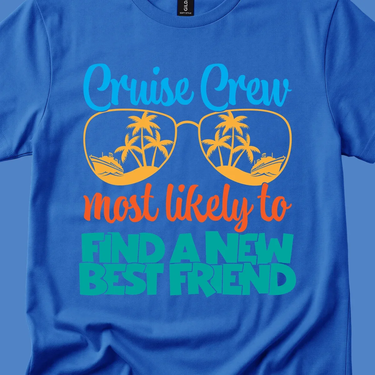 Cruise crew best friend design with sunglasses containing tropical palm trees and ships, colorful text on gray background
