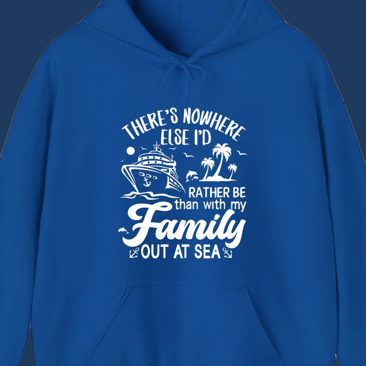 Family cruise vacation design with cruise ship, tropical island, dolphins, and text saying 'Rather Be Out At Sea'