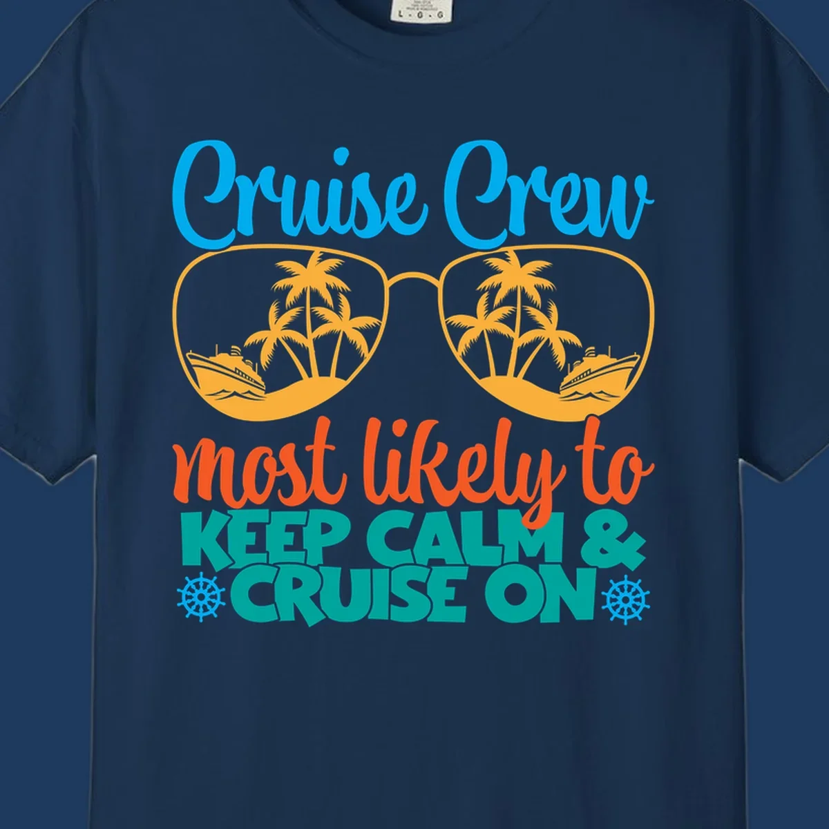 Colorful cruise crew keep calm design with oversized sunglasses showing palm trees and ships, playful vacation text art