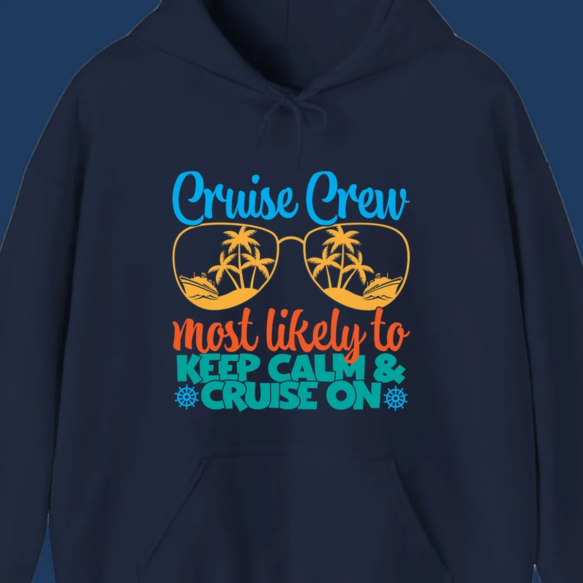 Colorful cruise crew keep calm design with oversized sunglasses showing palm trees and ships, playful vacation text art