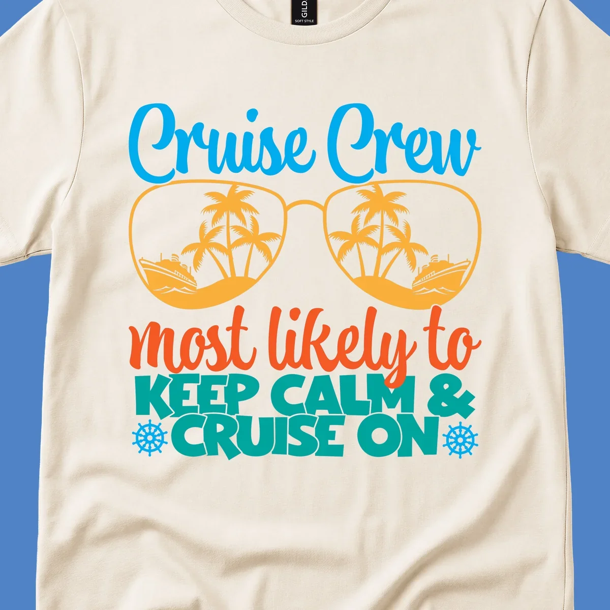 Colorful cruise crew keep calm design with oversized sunglasses showing palm trees and ships, playful vacation text art