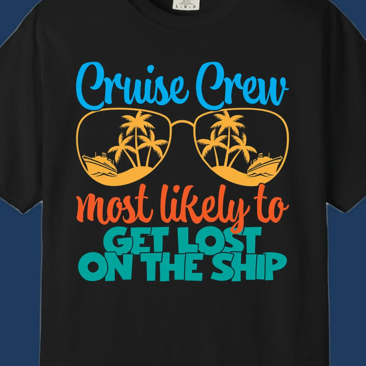 Cruise crew most likely design with oversized sunglasses containing tropical palm trees and ships, humorous vacation tee artwork