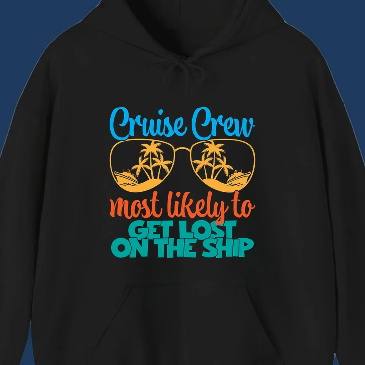 Cruise crew most likely design with oversized sunglasses containing tropical palm trees and ships, humorous vacation tee artwork