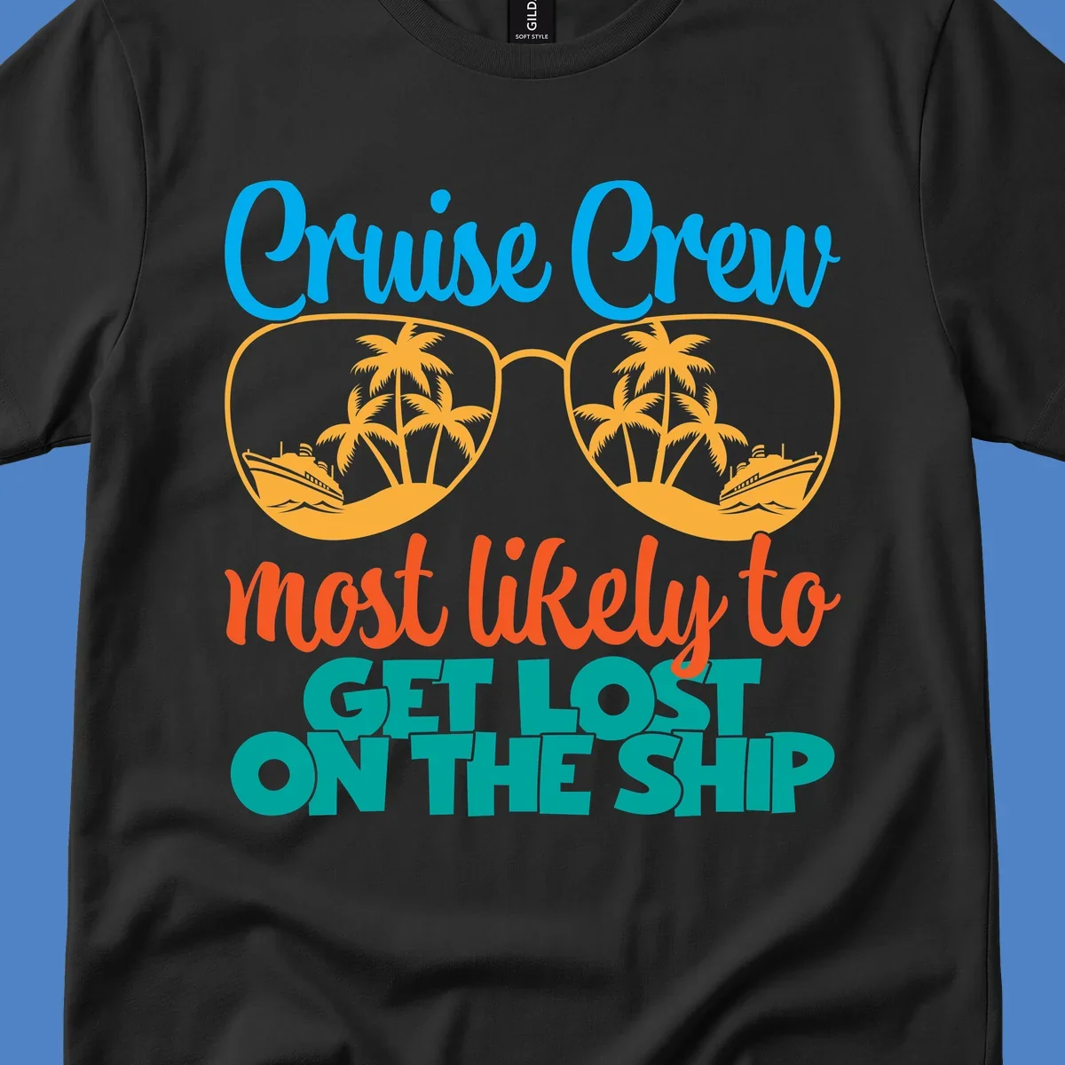 Cruise crew most likely design with oversized sunglasses containing tropical palm trees and ships, humorous vacation tee artwork