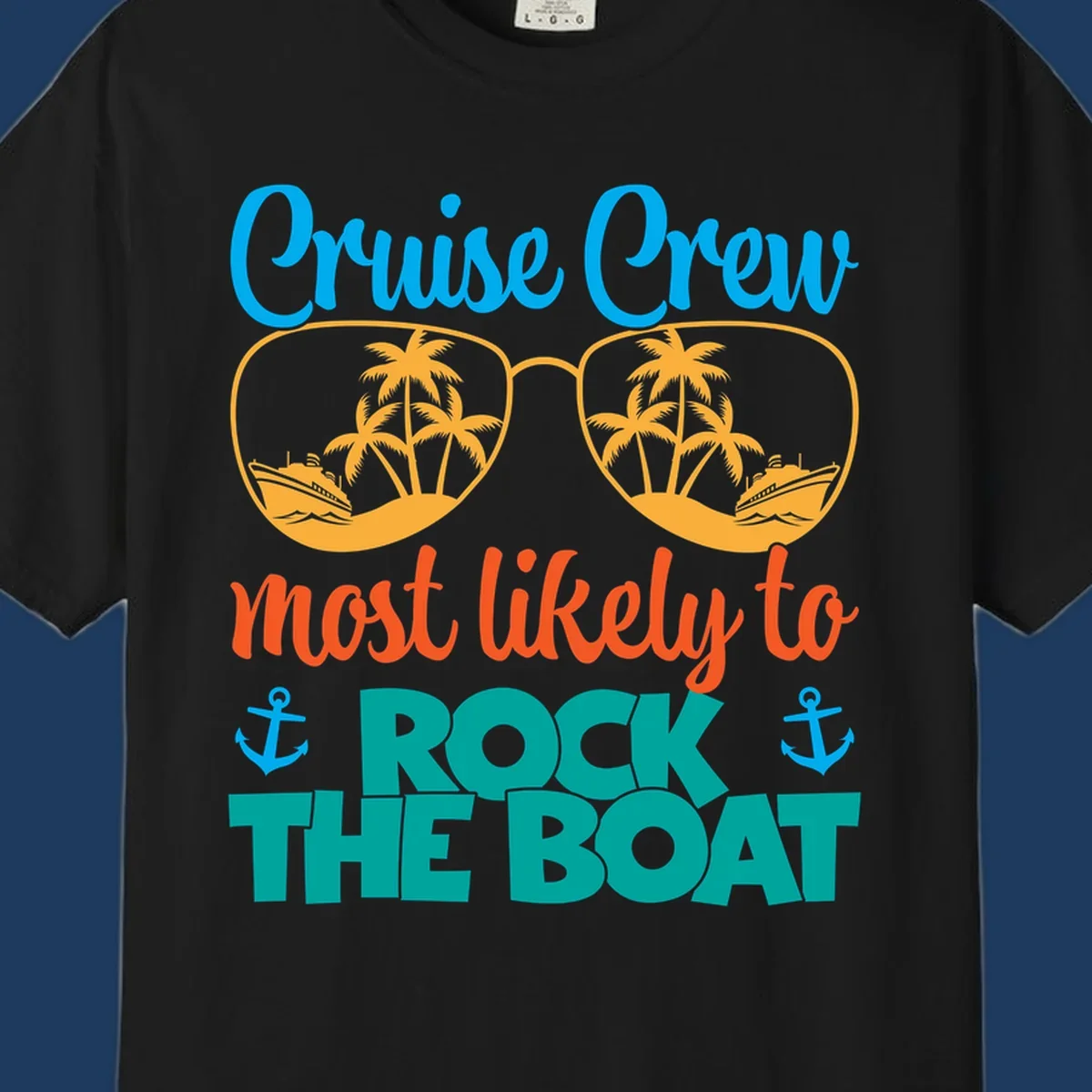 Cruise crew rock the boat design with sunglasses containing palm trees and ships, tropical nautical theme