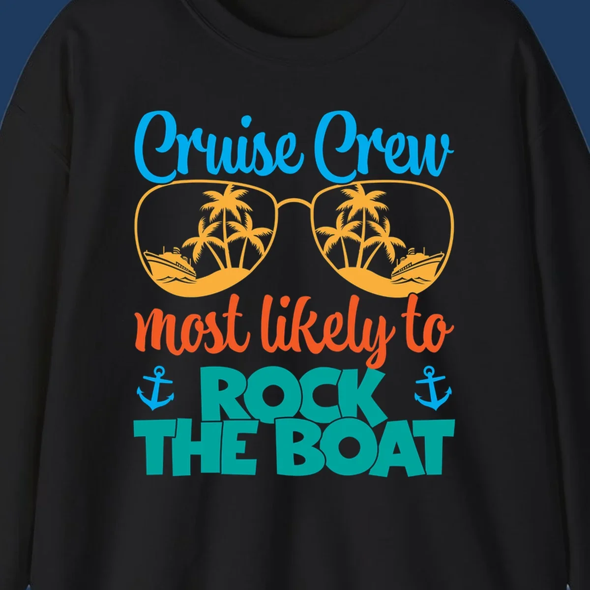 Cruise crew rock the boat design with sunglasses containing palm trees and ships, tropical nautical theme