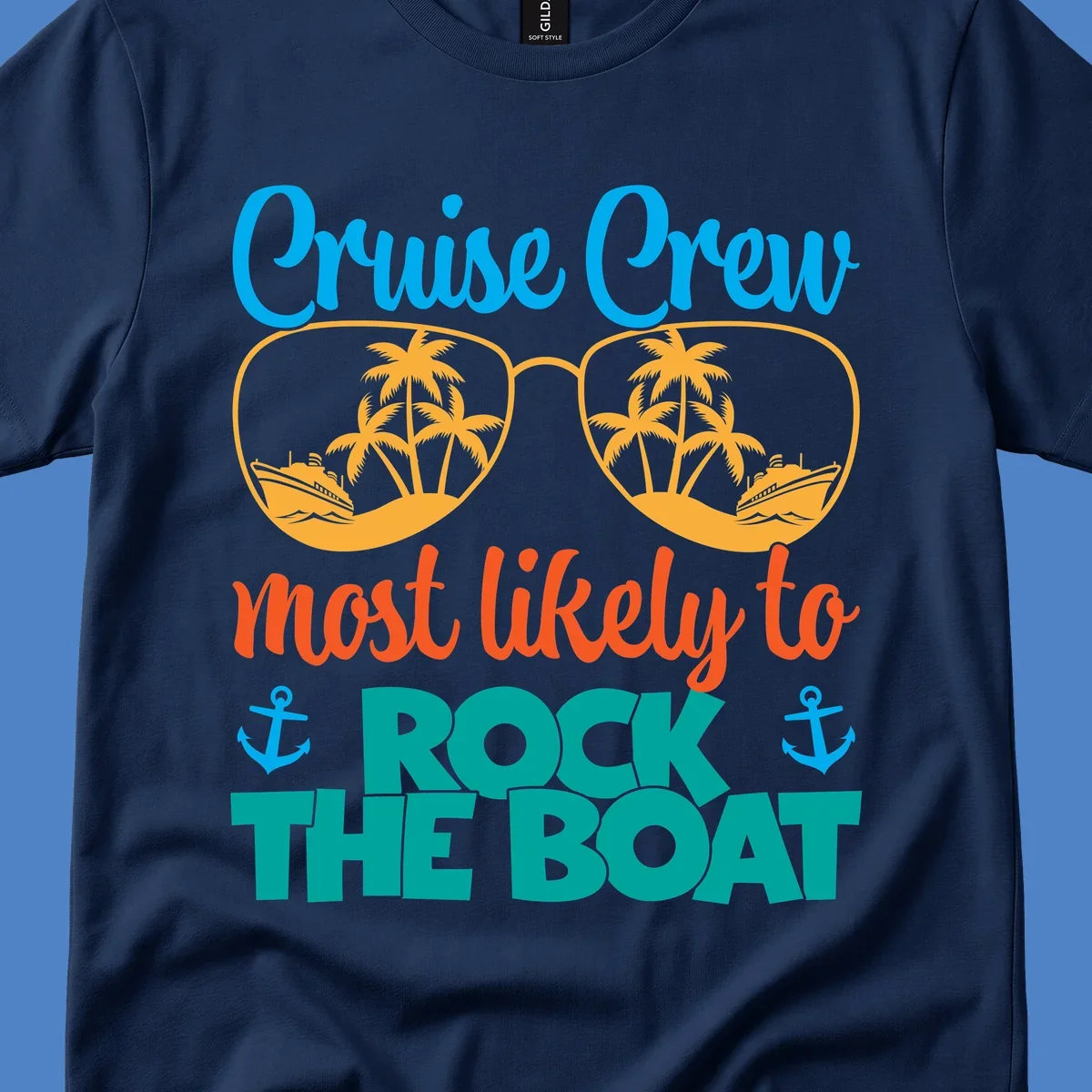 Cruise crew rock the boat design with sunglasses containing palm trees and ships, tropical nautical theme