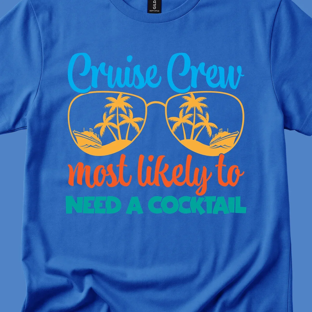 Playful cruise crew cocktail humor design with sunglasses containing tropical beach scenes and cruise ships, featuring bold text about needing a cocktail
