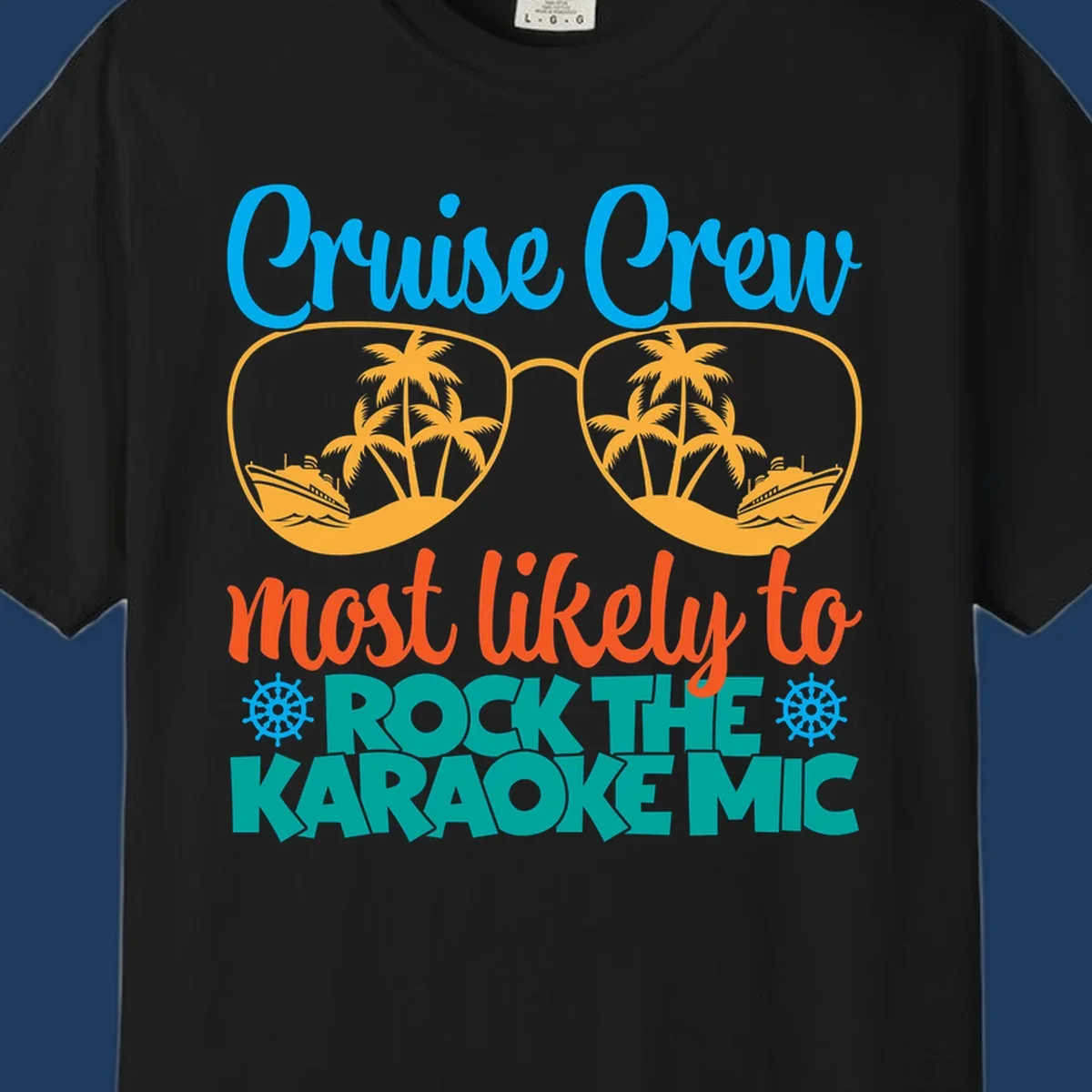 Cruise crew karaoke design with sunglasses showing tropical palm trees and ships, playful text about rocking the karaoke mic