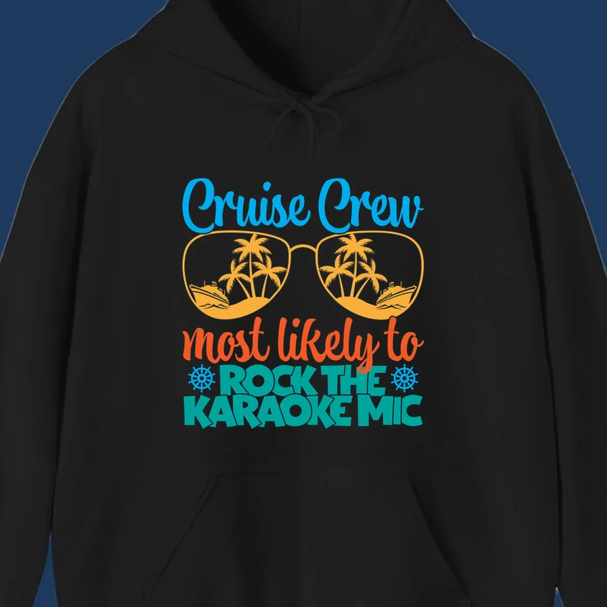 Cruise crew karaoke design with sunglasses showing tropical palm trees and ships, playful text about rocking the karaoke mic