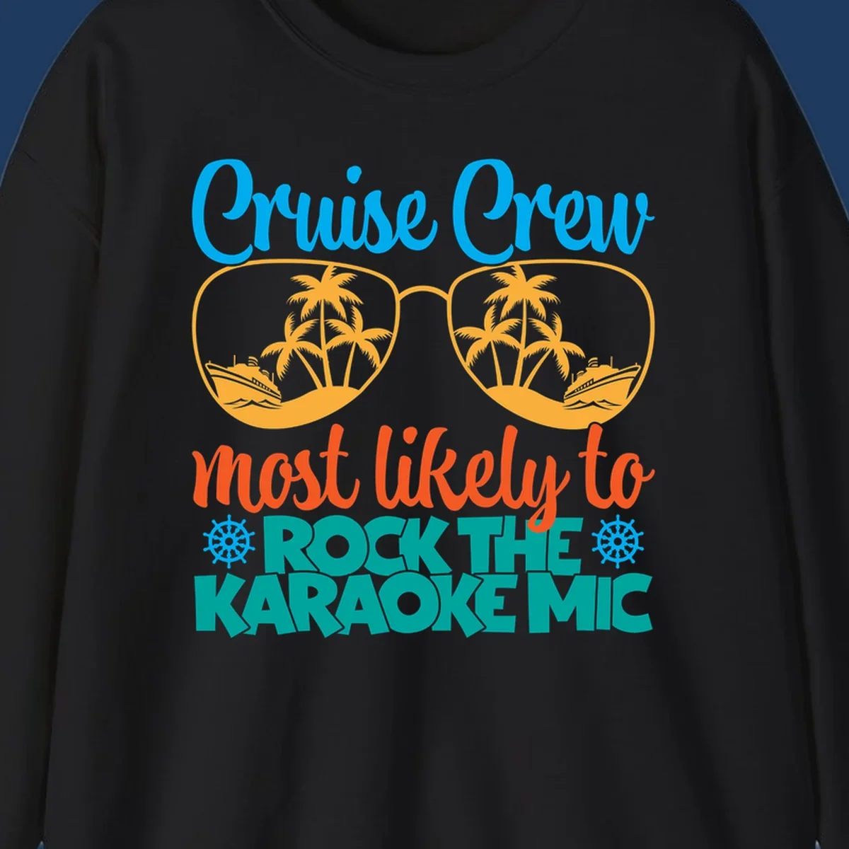 Cruise crew karaoke design with sunglasses showing tropical palm trees and ships, playful text about rocking the karaoke mic