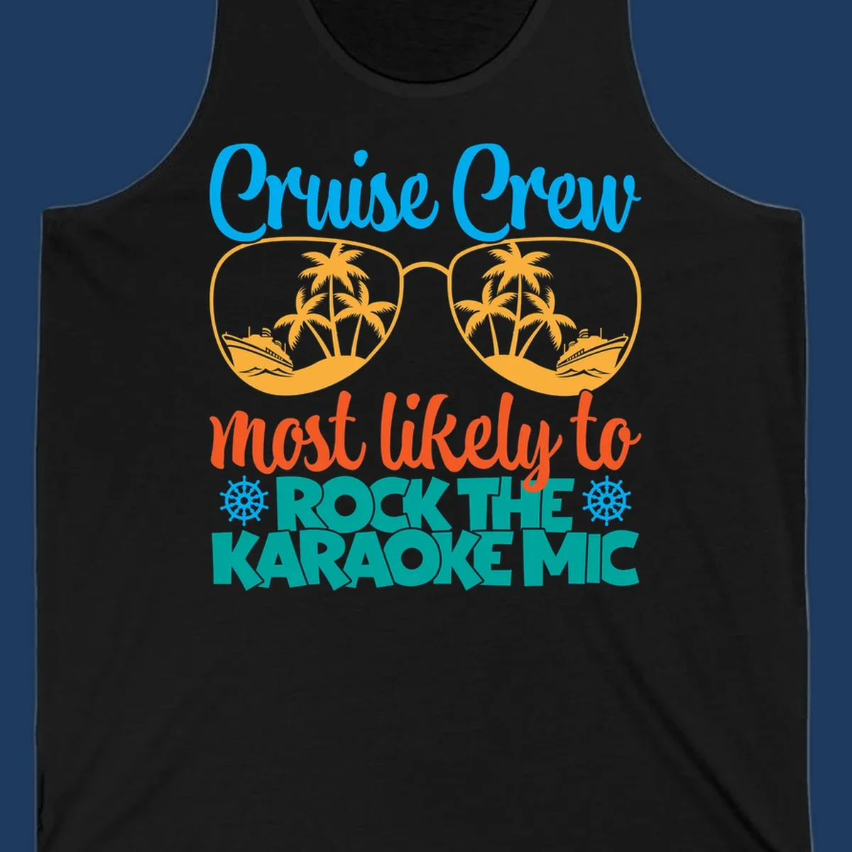Cruise crew karaoke design with sunglasses showing tropical palm trees and ships, playful text about rocking the karaoke mic