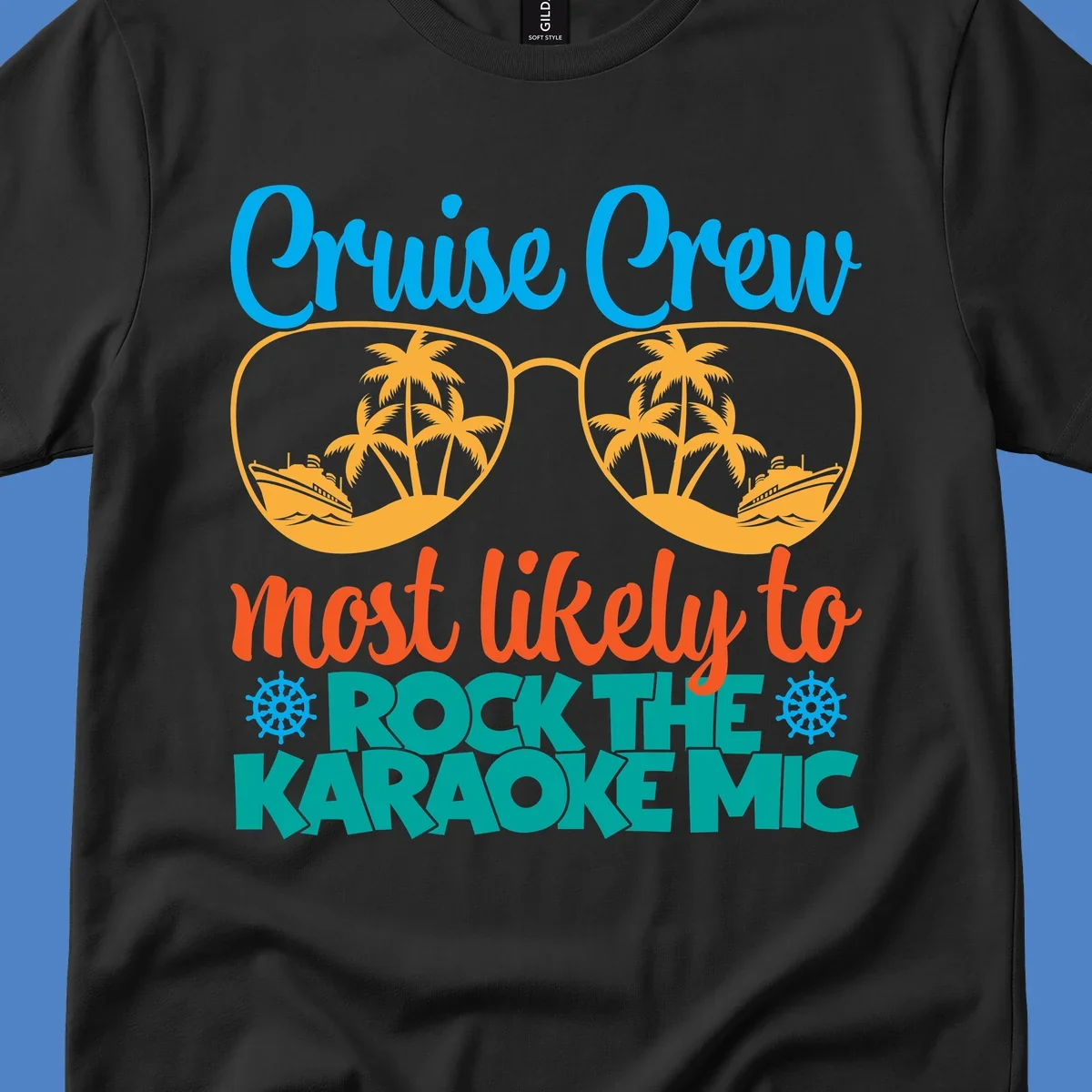 Cruise crew karaoke design with sunglasses showing tropical palm trees and ships, playful text about rocking the karaoke mic