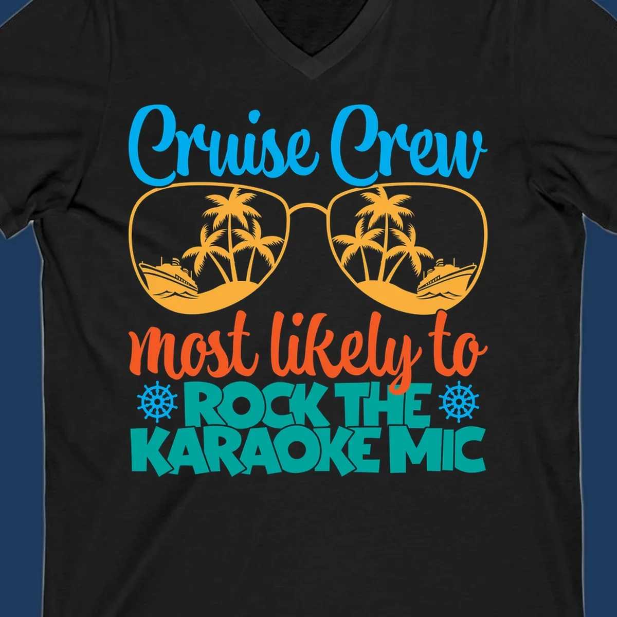 Cruise crew karaoke design with sunglasses showing tropical palm trees and ships, playful text about rocking the karaoke mic
