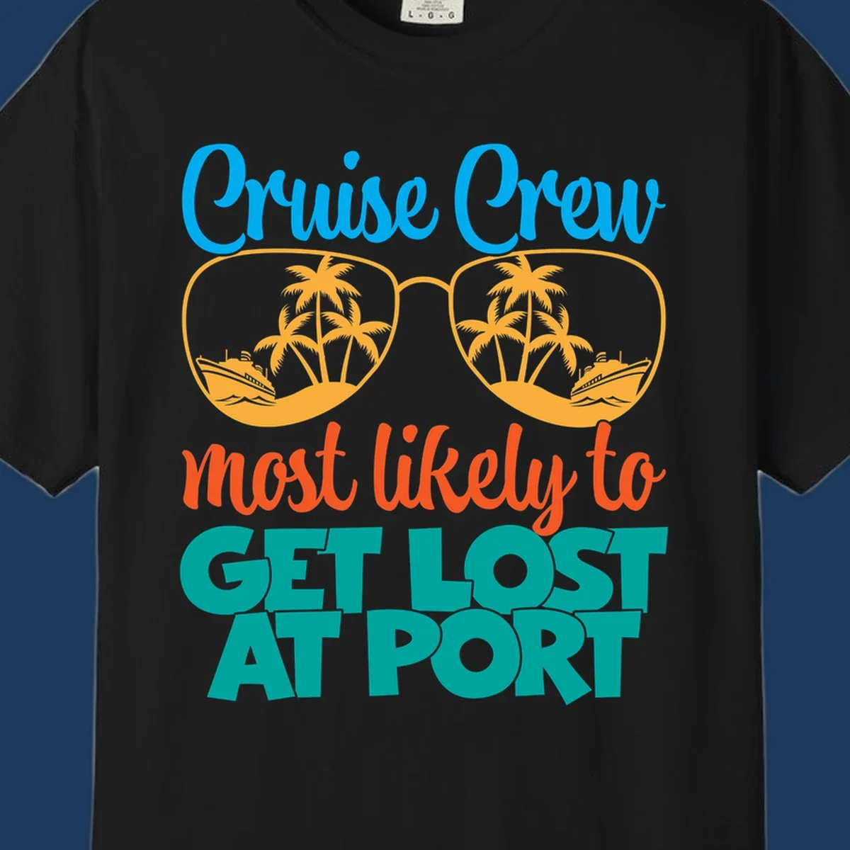 Cruise crew most likely to get lost at port design with sunglasses containing palm trees and ships