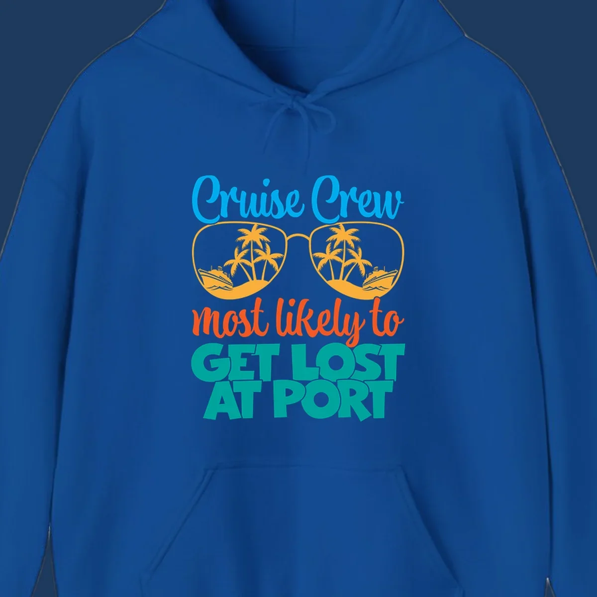 Cruise crew most likely to get lost at port design with sunglasses containing palm trees and ships