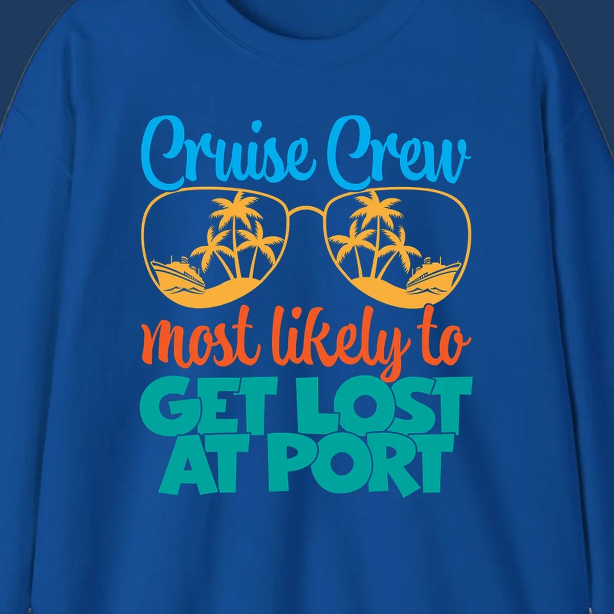 Cruise crew most likely to get lost at port design with sunglasses containing palm trees and ships