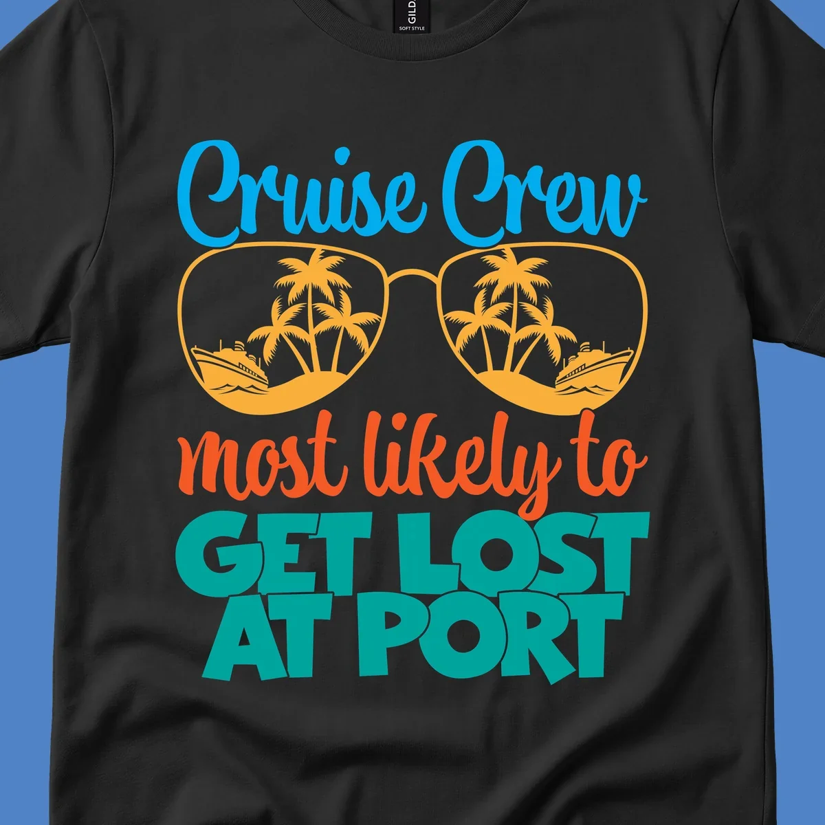 Cruise crew most likely to get lost at port design with sunglasses containing palm trees and ships