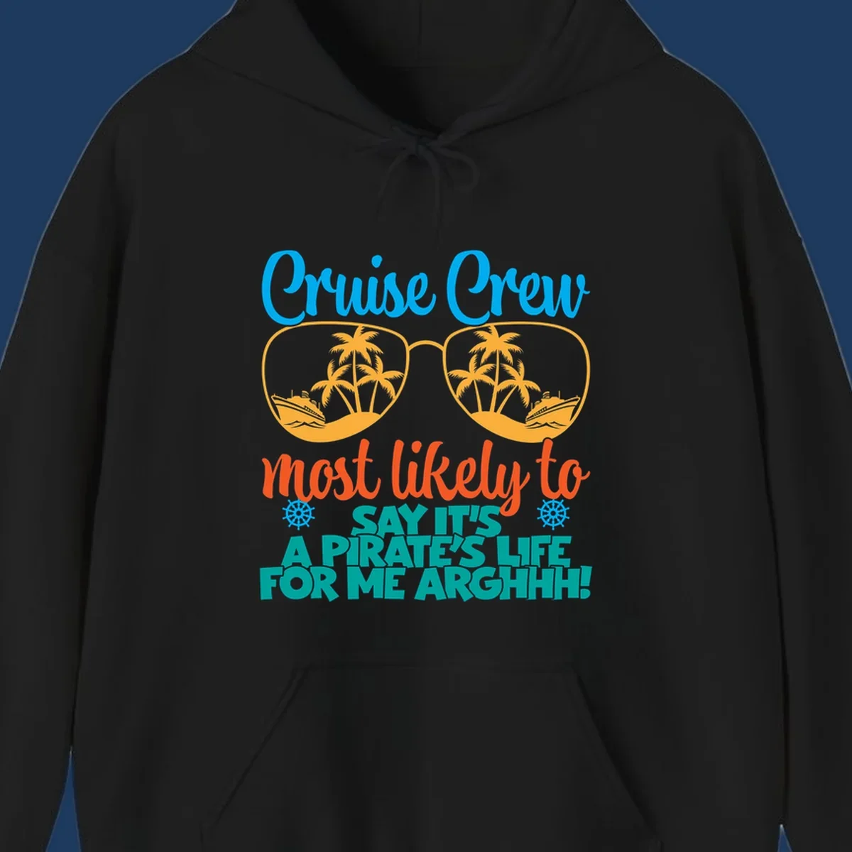 Cruise crew pirate life design with sunglasses reflecting tropical palm trees and ships with text saying it's a pirate's life