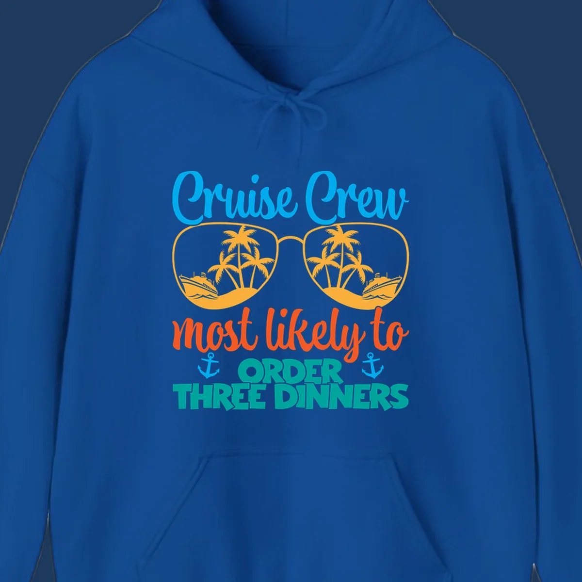 Cruise crew most likely to order three dinners design with sunglasses, palm trees, ships, and anchors