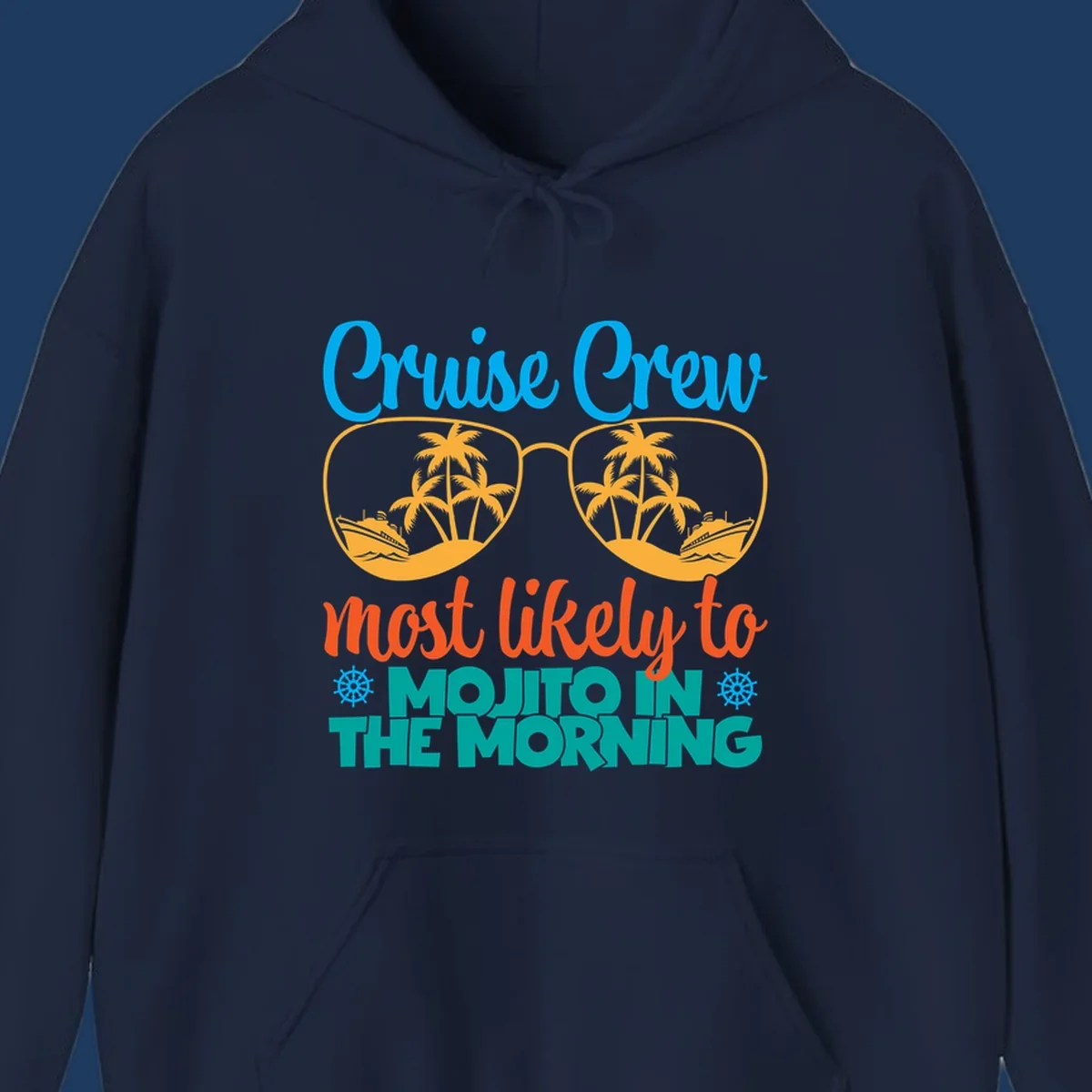 Cruise crew most likely to mojito in the morning design with tropical sunglasses, palm trees, ships, and playful text