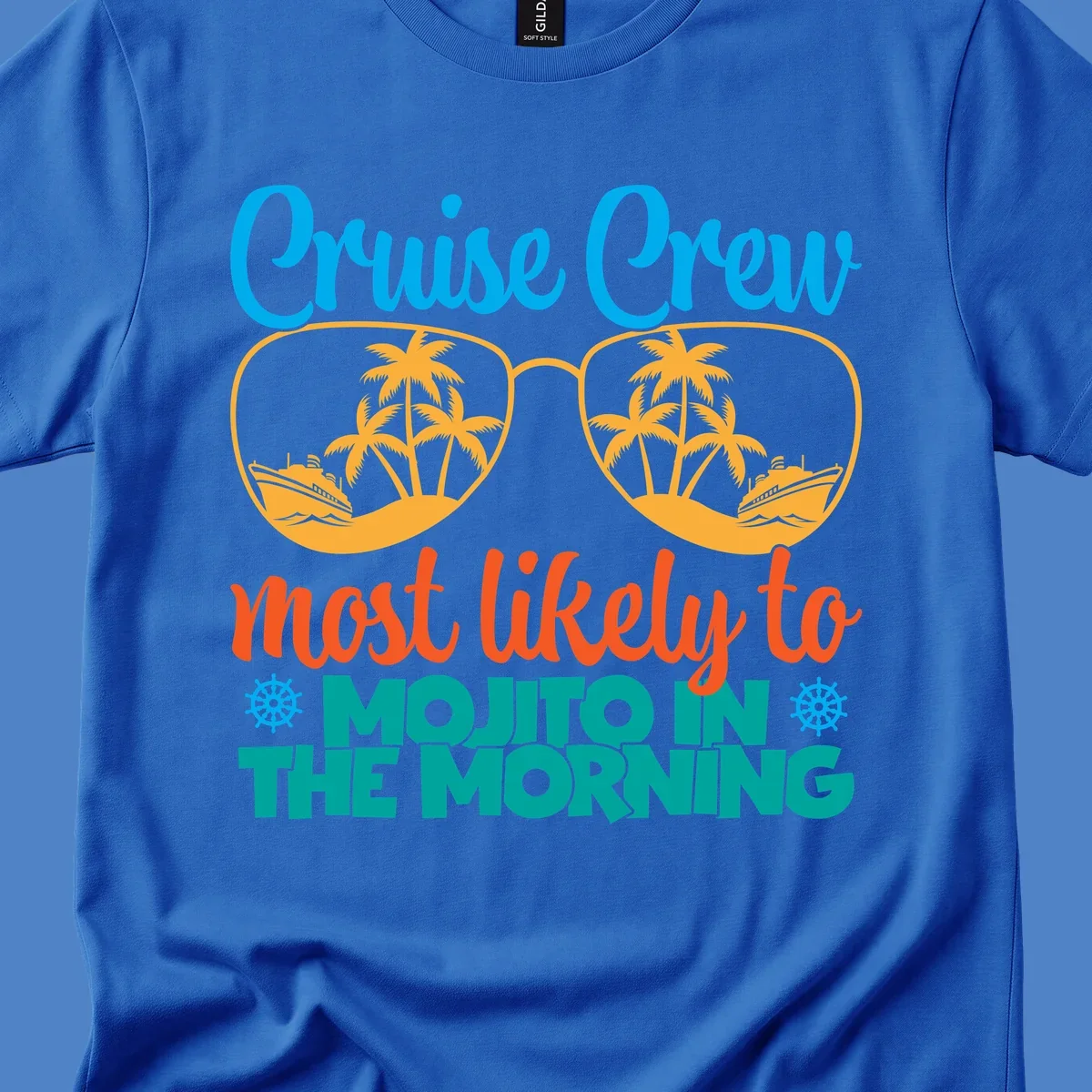 Cruise crew most likely to mojito in the morning design with tropical sunglasses, palm trees, ships, and playful text