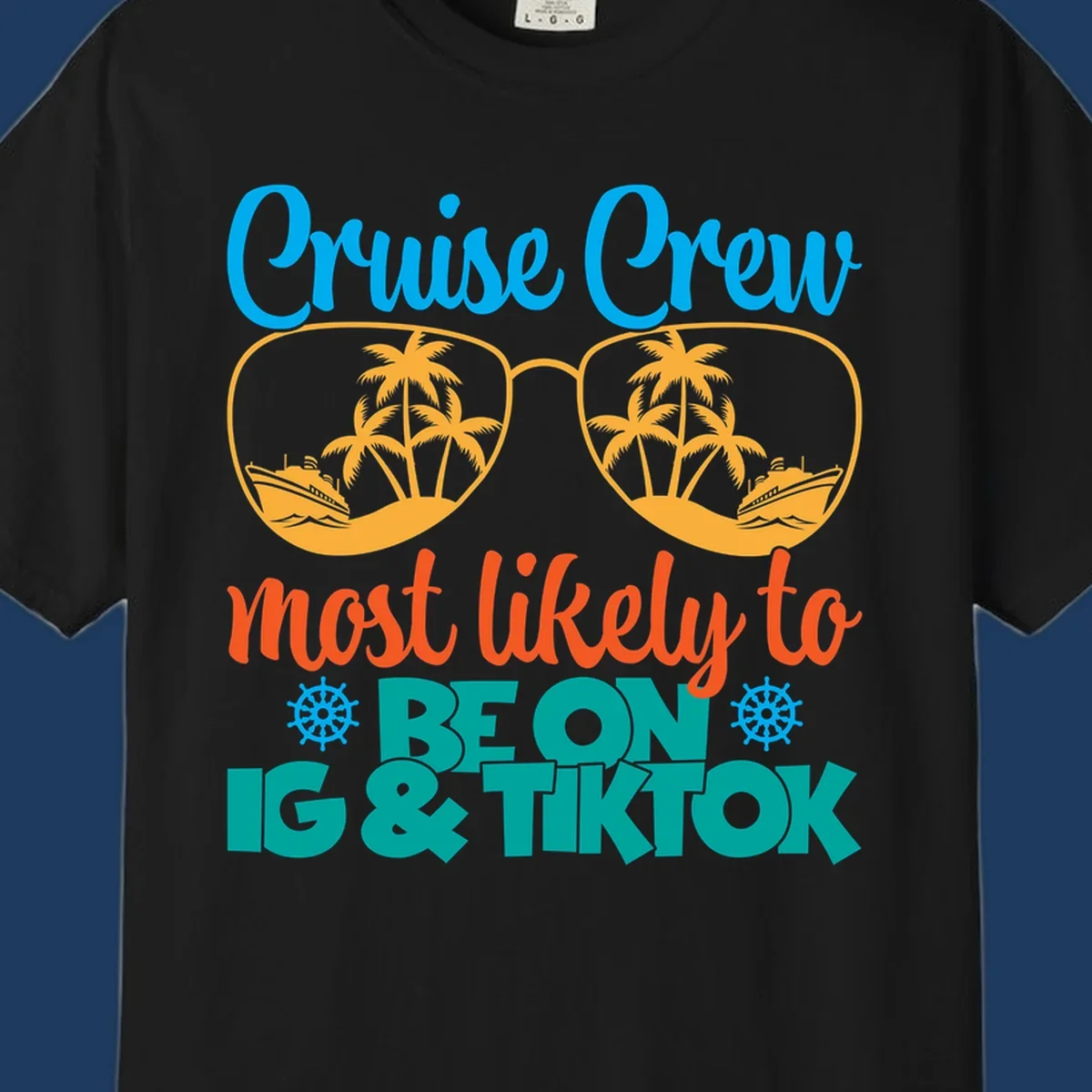 Cruise crew social media design with oversized sunglasses containing tropical island and ship scenes, blue and orange text