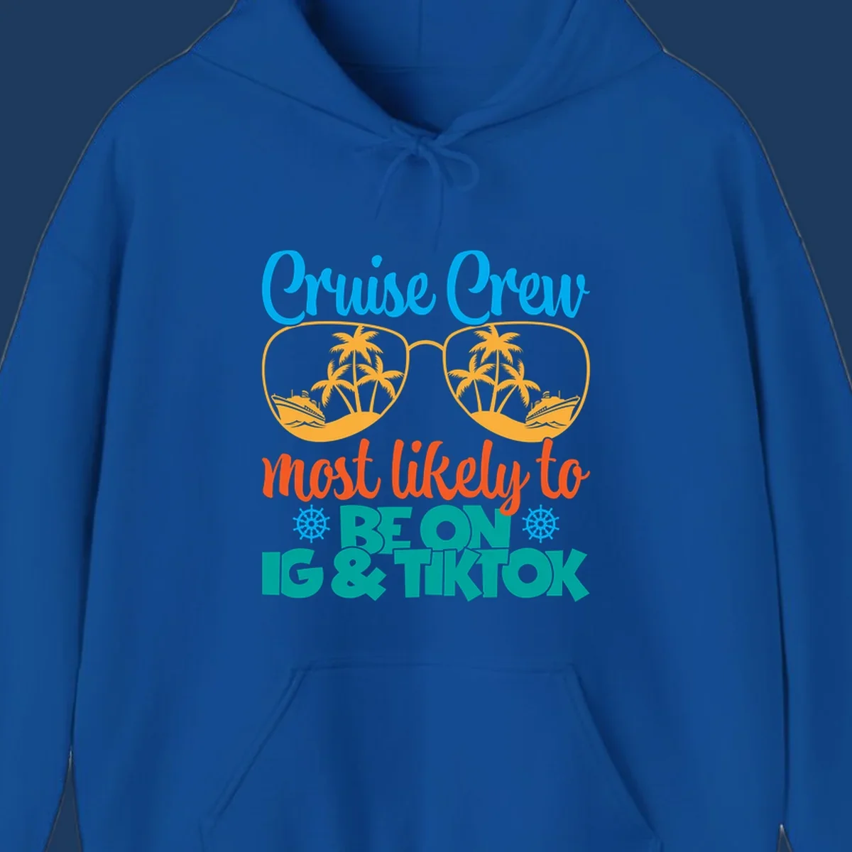 Cruise crew social media design with oversized sunglasses containing tropical island and ship scenes, blue and orange text