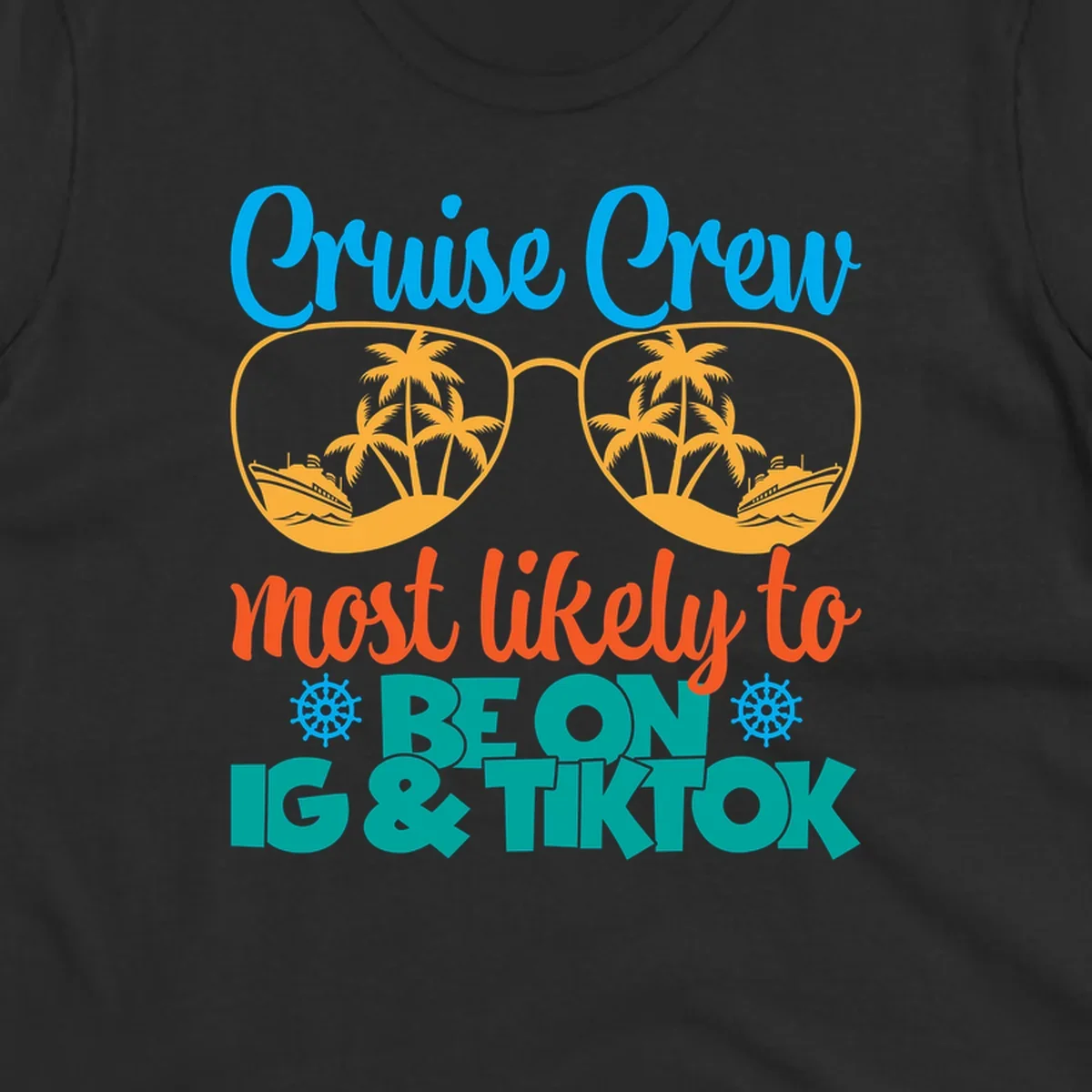 Cruise crew social media design with oversized sunglasses containing tropical island and ship scenes, blue and orange text