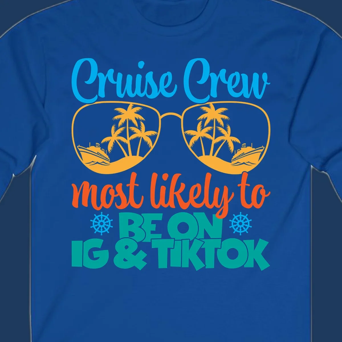 Cruise crew social media design with oversized sunglasses containing tropical island and ship scenes, blue and orange text
