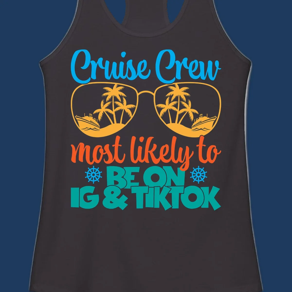 Cruise crew social media design with oversized sunglasses containing tropical island and ship scenes, blue and orange text