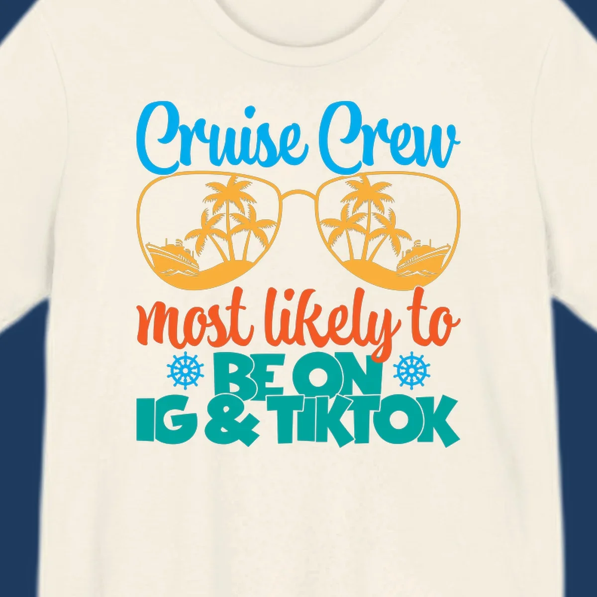 Cruise crew social media design with oversized sunglasses containing tropical island and ship scenes, blue and orange text