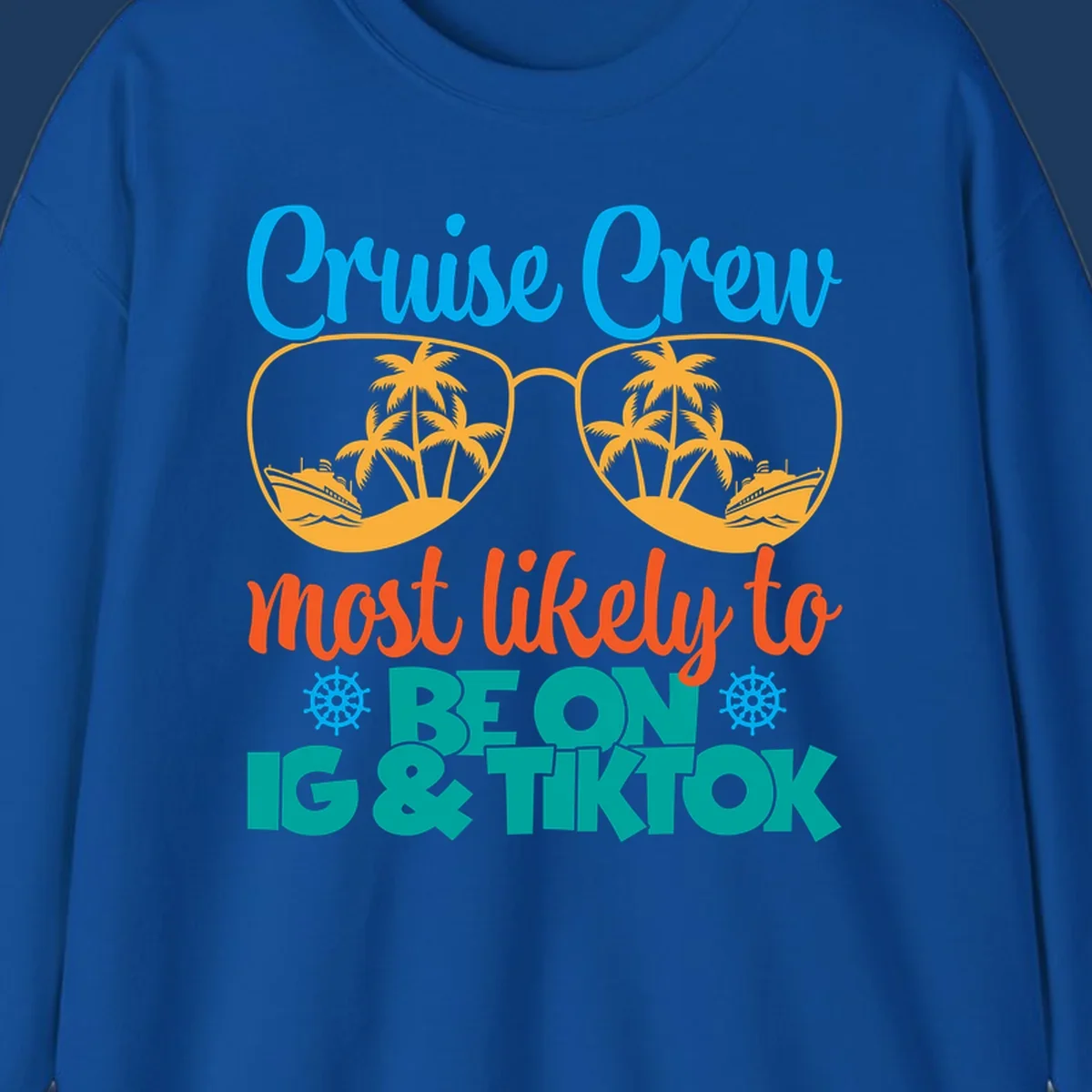 Cruise crew social media design with oversized sunglasses containing tropical island and ship scenes, blue and orange text