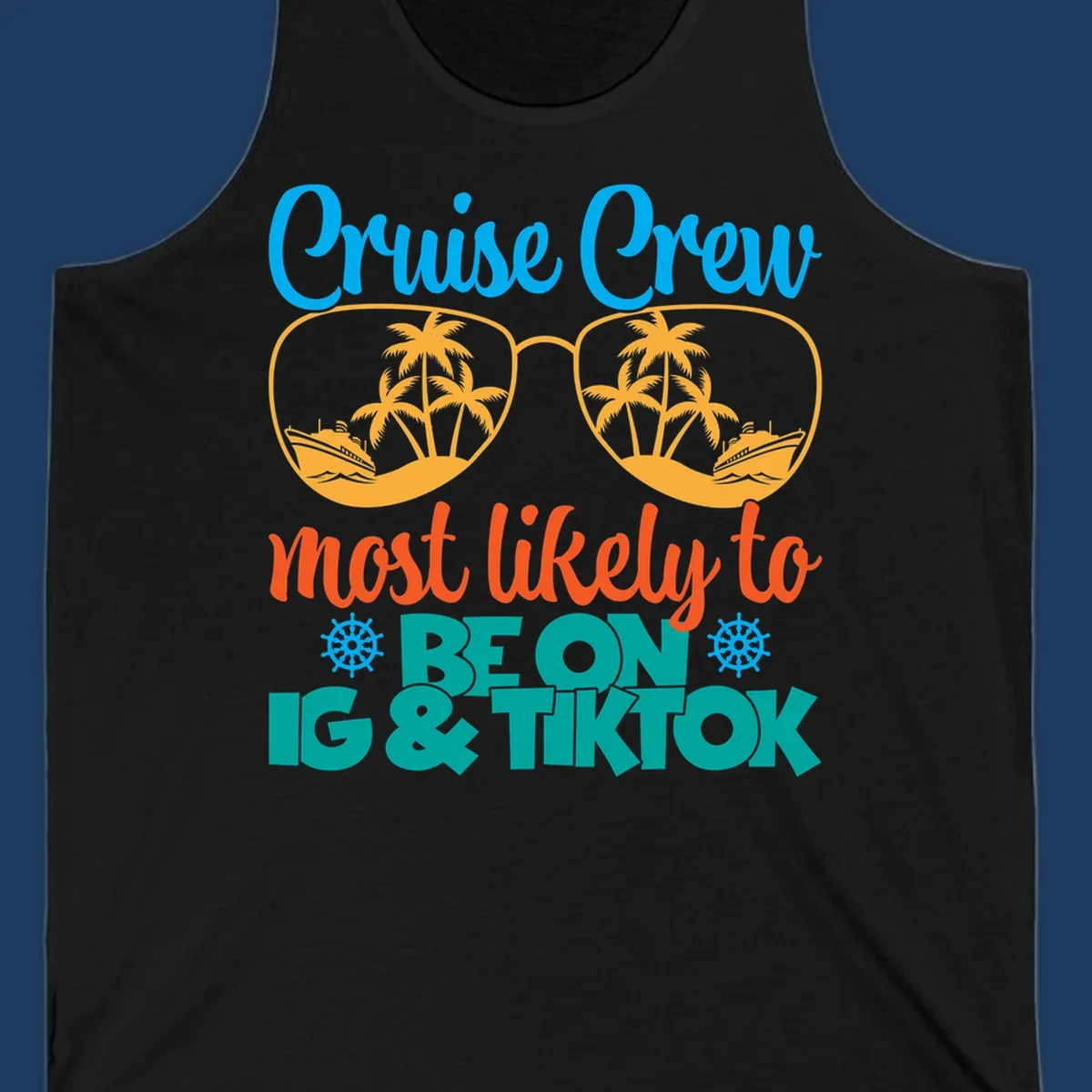 Cruise crew social media design with oversized sunglasses containing tropical island and ship scenes, blue and orange text