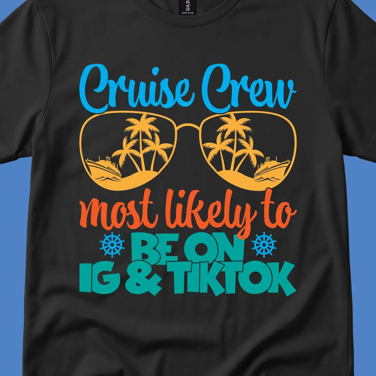 Cruise crew social media design with oversized sunglasses containing tropical island and ship scenes, blue and orange text