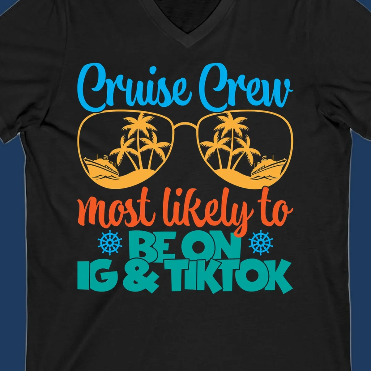 Cruise crew social media design with oversized sunglasses containing tropical island and ship scenes, blue and orange text