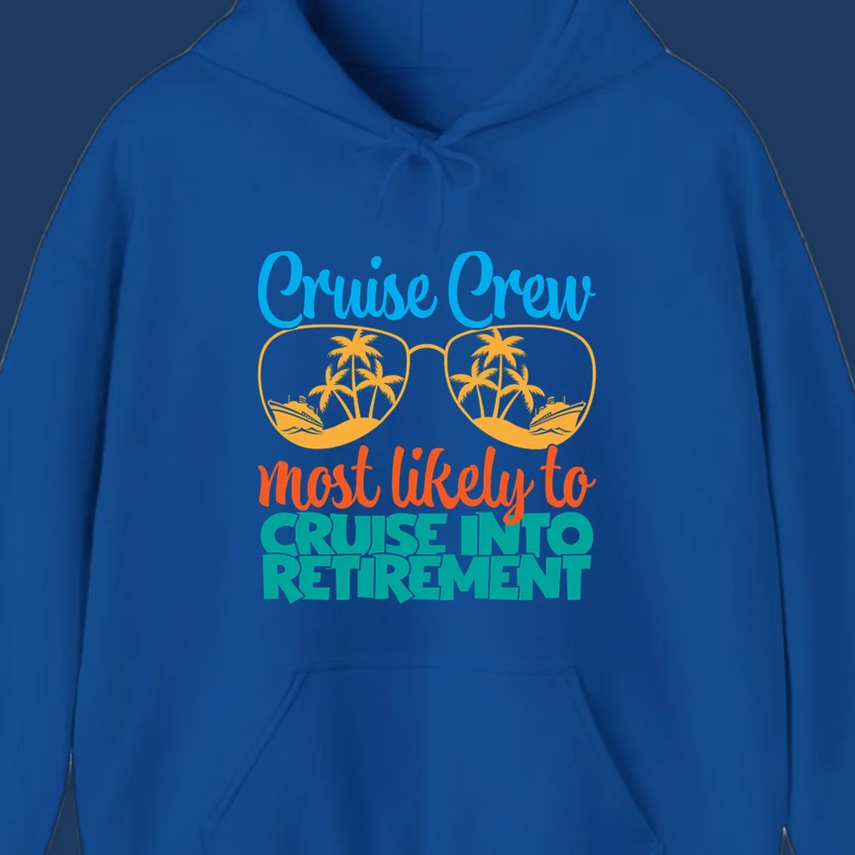 Cruise into retirement design with oversized sunglasses showing tropical palm trees and ships, bold text about cruise crew retirement