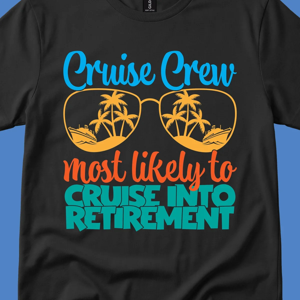 Cruise into retirement design with oversized sunglasses showing tropical palm trees and ships, bold text about cruise crew retirement