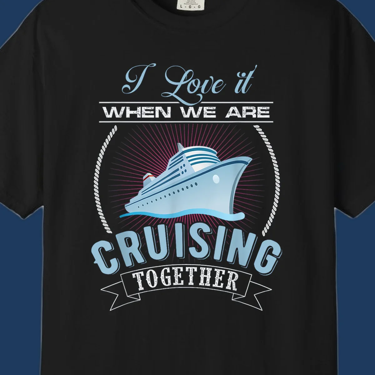 Vintage-style cruising together design with cruise ship, sun rays, and nautical ropes on gray background