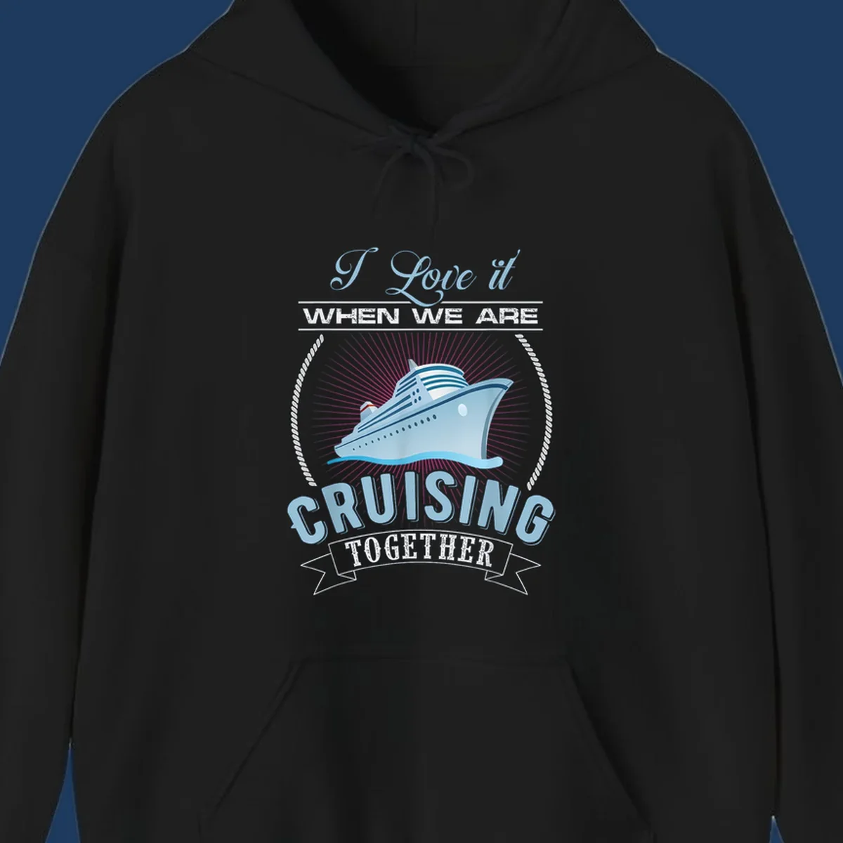 Vintage-style cruising together design with cruise ship, sun rays, and nautical ropes on gray background