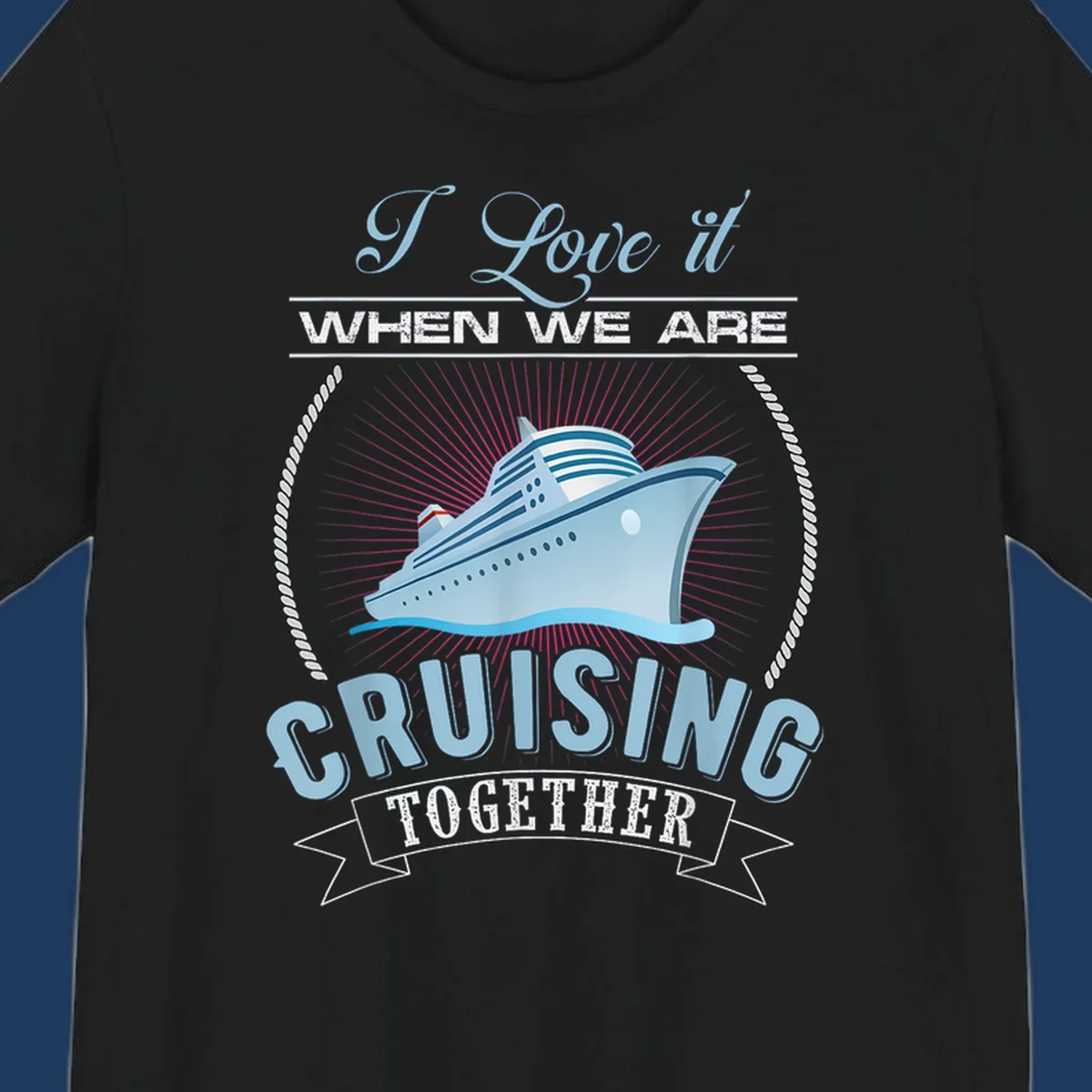 Vintage-style cruising together design with cruise ship, sun rays, and nautical ropes on gray background