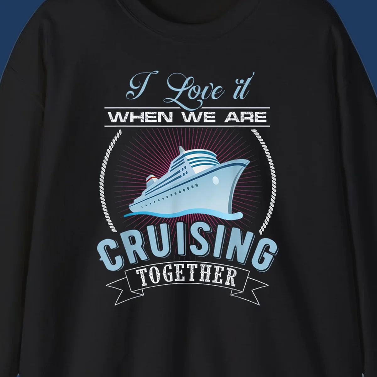 Vintage-style cruising together design with cruise ship, sun rays, and nautical ropes on gray background