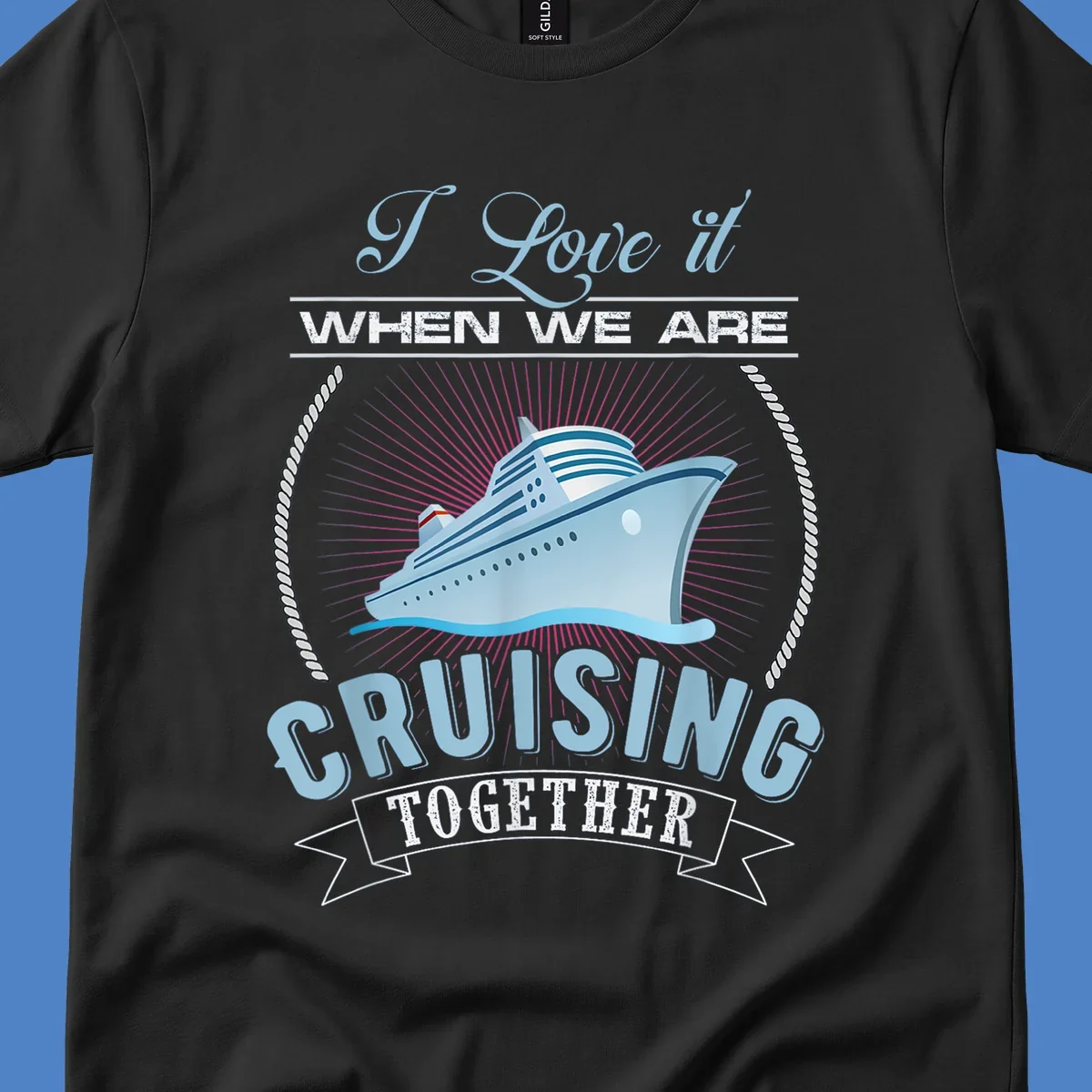 Vintage-style cruising together design with cruise ship, sun rays, and nautical ropes on gray background