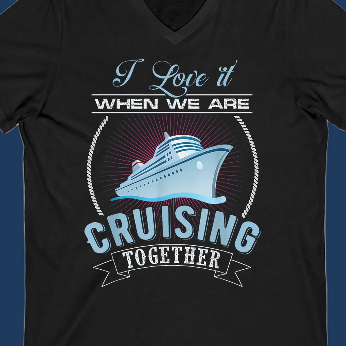 Vintage-style cruising together design with cruise ship, sun rays, and nautical ropes on gray background