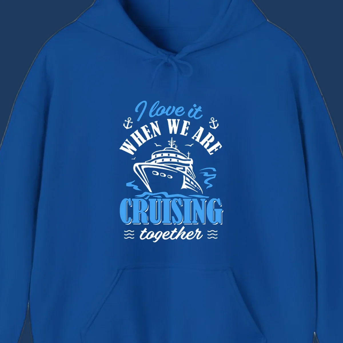 Nautical cruise design with ship illustration, anchors, seagulls and waves, featuring 'I love it when we aft cruising together' text