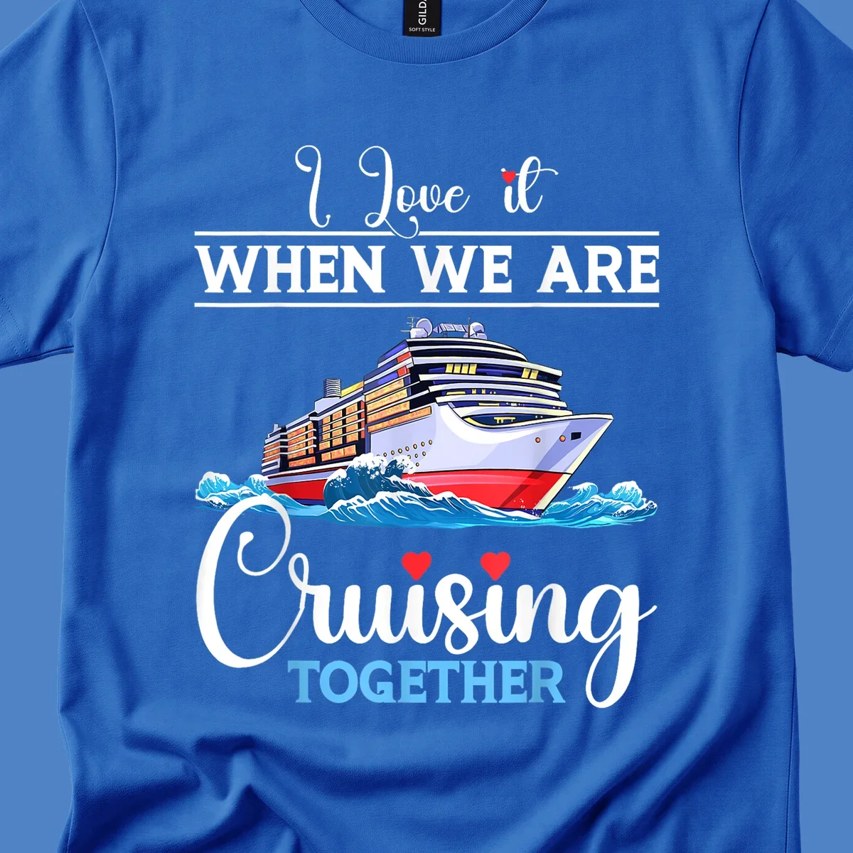 Colorful cruise ship illustration with ocean waves and text reading 'I Love it When We Are Cruising Together' with heart accents