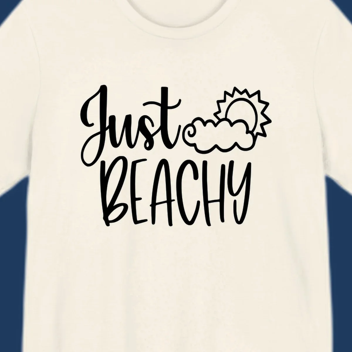 White illustrated text reading 'Just Beachy' with a smiling sun and cloud graphic, capturing beach vacation vibes